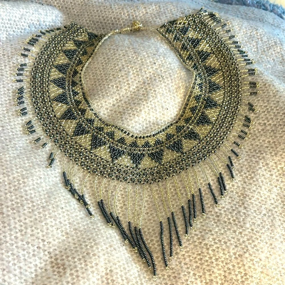 Vintage Beaded Collar Necklace Slate and Silver - Picture 11 of 14